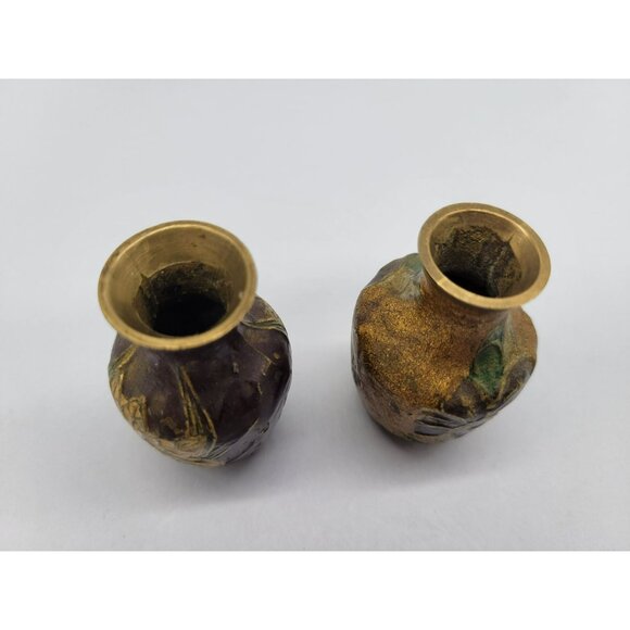 Pair Brass Enamel Floral Cloisonne Vases Miniature 2 inches - Picture 8 of 12